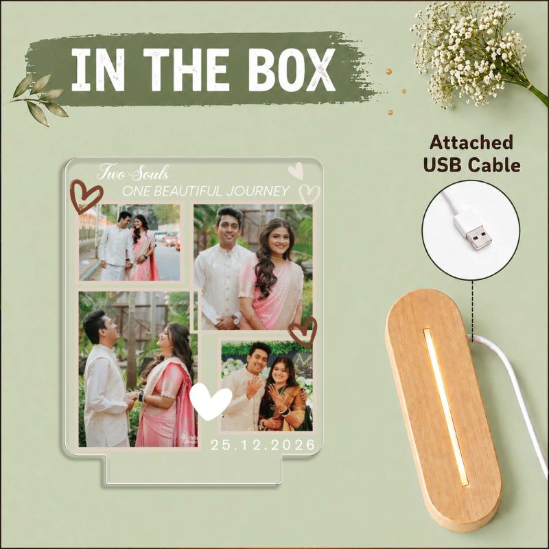 Personalized Couple Photo LED Lamp Custom “Two Souls One Beautiful Journey” Acrylic Night Light Wedding Gift for Husband Wife Gift for Roka Ceremony